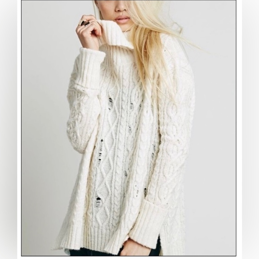 Free People Wool Blend Complex Cable Cowl Neck Sweater Ivory | S